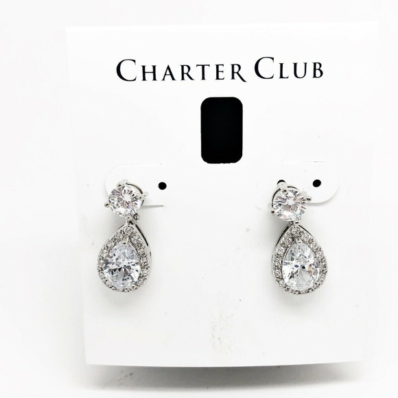 Charter Club Silver Clear Crystal Teardrop Earring - Picture 3 of 4